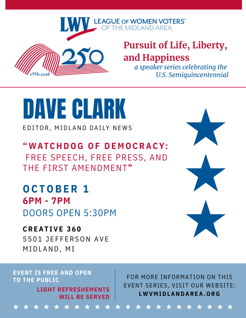 Dave Clark speaking event flyer. October 1, 2026. Title: "Watchdog of Democracy: Free Speech, Free Press, and the First Amendment"